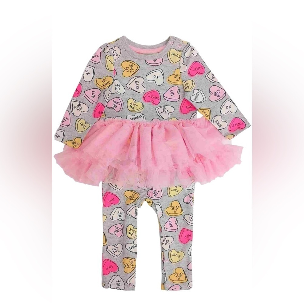 Cat & Jack Valentines Outfit Jumpsuit Hearts Ruffles Tutu Skirt Baby Girl 3-6M
